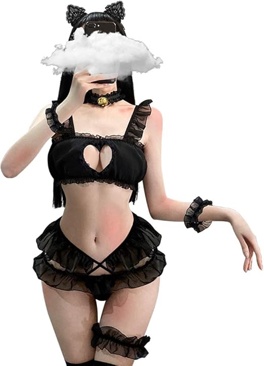 Amazon Yueei 猫 コスプレ セクシー 胸あき ハート ランジェリー 過激 可愛い ネコ耳 カチューシャ ストッキング フリーサイズ 7点セット コスプレ 仮装 通販