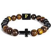 SOOWOOT Cross Bracelet for Men, Initial Bracelet for Men, initail A-Z design, Christian Gifts, Natural Tigers Eye Stone Beads, Easter Gifts
