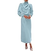 BTFBM Womens Mock Neck Satin Dress Spring Summer 2026 Long Sleeve Lightweight Formal Wedding Party Maxi Cocktail Dresses