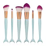 Coshine 6pcs/set Blue Mermaid Nylon Hair Makeup Brush Set, for Foundation, Eyeshadow, Blush, Cream, Concealer, Loose Powder