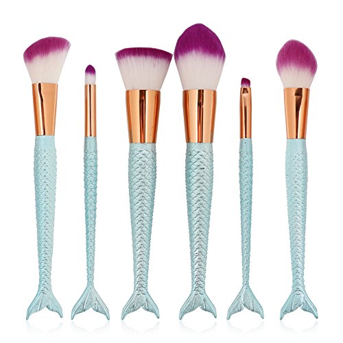 Coshine 6pcs/set Blue Mermaid Nylon Hair Makeup Brush Set, for Foundation, Eyeshadow, Blush, Cream, Concealer, Loose Powder