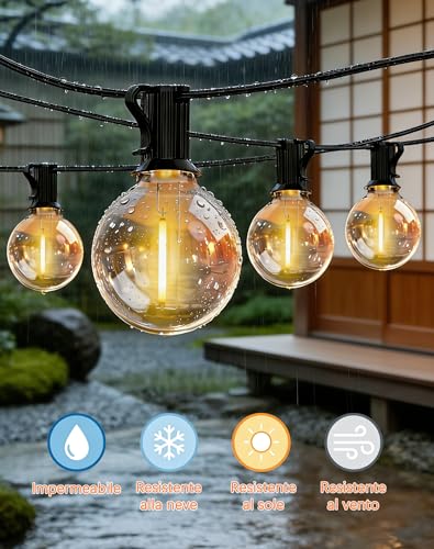 ROVLAK Outdoor Light Chain 15 m, Outdoor Garden Lights with 25 + 3 G40 LED Bulbs in Plastic, IP44 Waterproof, 2700 K Warm White Lights for Garden, Terrace, Balcony, Home Party