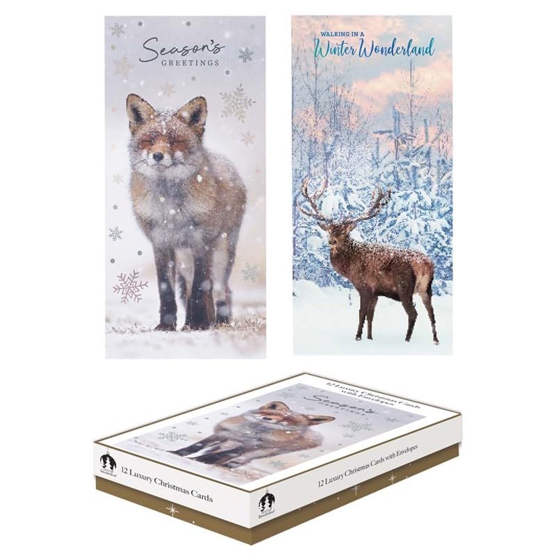 Tallon Festive Wonderland XCA0219 Luxury Slim Christmas Xmas Cards, Box of 12, Deer/Fox