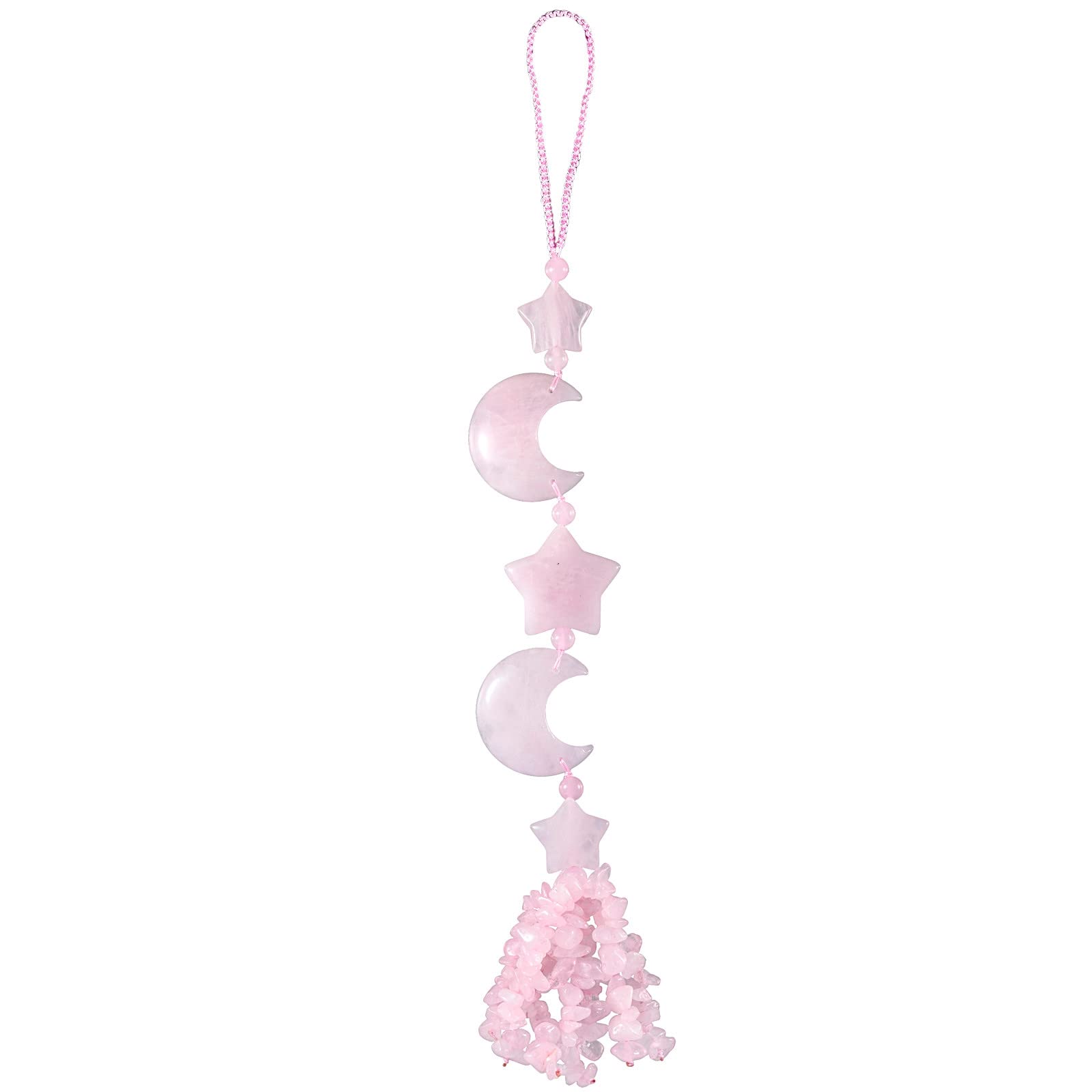 Nupuyai Rose Quartz Crystal Moon Star Tassel Hanging Ornament, Reiki Energy Healing Stones Feng Shui Home Window Car Good Luck Wedding Decor