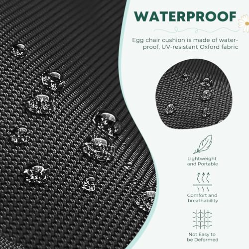 joomie Egg Swing Chair Cushion Replacement Waterproof 120x84x18 cm Thicken Outdoor Patio Hanging Basket Chair Cushions Removable Pad with Ties for Garden Cocoon Egg Hammock Chair, Black