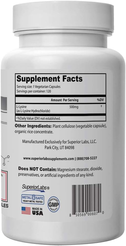 Superior Labs – Best L-Lysine NonGMO - Dietary Supplement –500 mg Pure Active L-Lysine – 120 Vegetable Capsules – Supports Calcium Absorption – Immune System & Respiratory Health Support: Health & Personal Care
