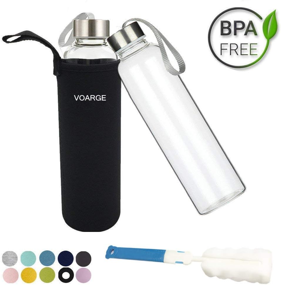 Voyage BPA free glass water bottle, 550 ml classic bottle with a nylon pouch, for car, travel, sport, water bottle made of glass