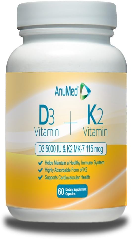 AnuMed D3 Vitamin + K2 Vitamin - D3 5,000IU & K2 MK-7 115mcg - 60 counts