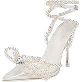 YIYA Women's Pointed Toe Clear Heels Sandals with Strappy Pearls Ankle Strap Sexy Rhinestone Bow Heels Stiletto High Heel Wedding Party Pumps Shoes