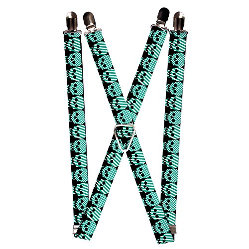 Turquoise and White Checkered Striped Pattern Skulls Suspenders