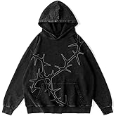 Qswey Unisex Y2K Graphic Hoodies Mens Oversized Vintage Hoodies Acid Washed Sweatshirt Casual Streetwear