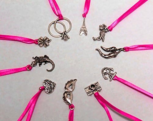 10 Cake Pull Charms with Pink Satin Ribbon - Set of ten classic cake pulls game for bridal shower wedding bachelorette party