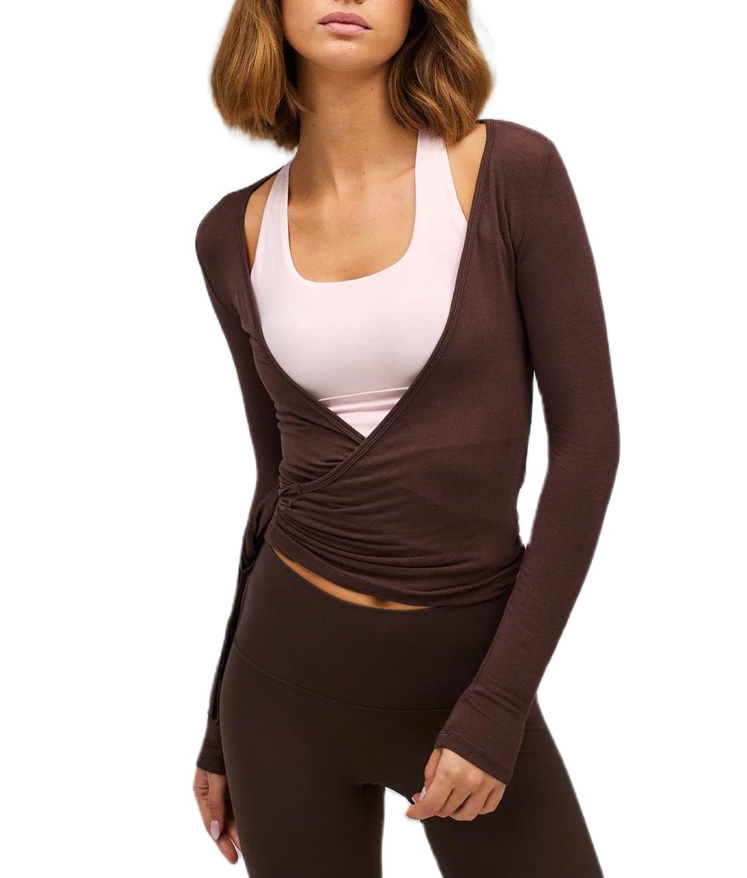 Photo 1 of (small slim fitted) Womens Ballet Wrap Top Long Sleeve Tie Front Workout Cover Up Pilates Yoga Tops Y2k Fairy Coquette Shirt Going Out (Coffee Slim Fit, S)