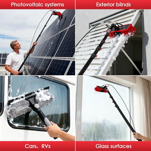 Spazzola di lavaggio telescopica 4 in 1, 7,2 m, per fotovoltaici, finestre, camper e tetti – asta telescopica e spazzola telescopica, set di pulizia con attacco dell'acqua, spazzola per la pulizia e