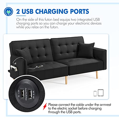 Yaheetech Futon Sofa Bed with USB Ports Futon Couch Futon Daybed Sleeper Sofa for Living Room