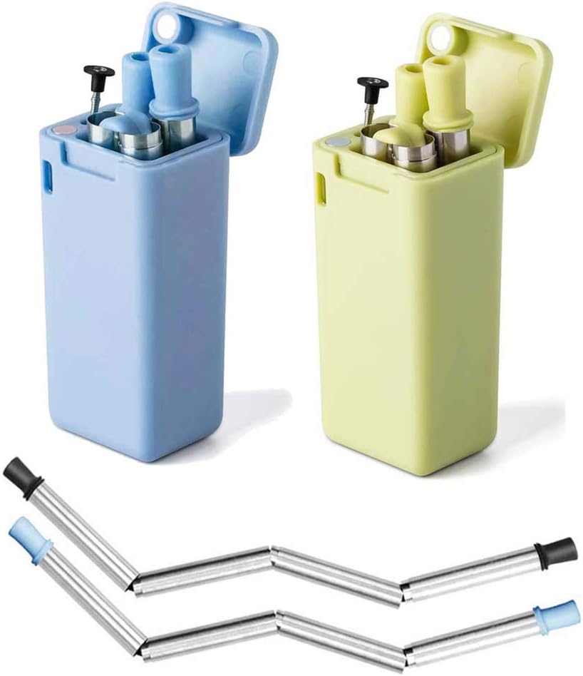 2 Pack Reusable Straws, Metal Drinking Straws, Save the Turtles straw, Food-Grade Portable Stainless Steel Straw, Folding Drinking Straws with Case Cleaning Brush for Party Travel Outdoor
