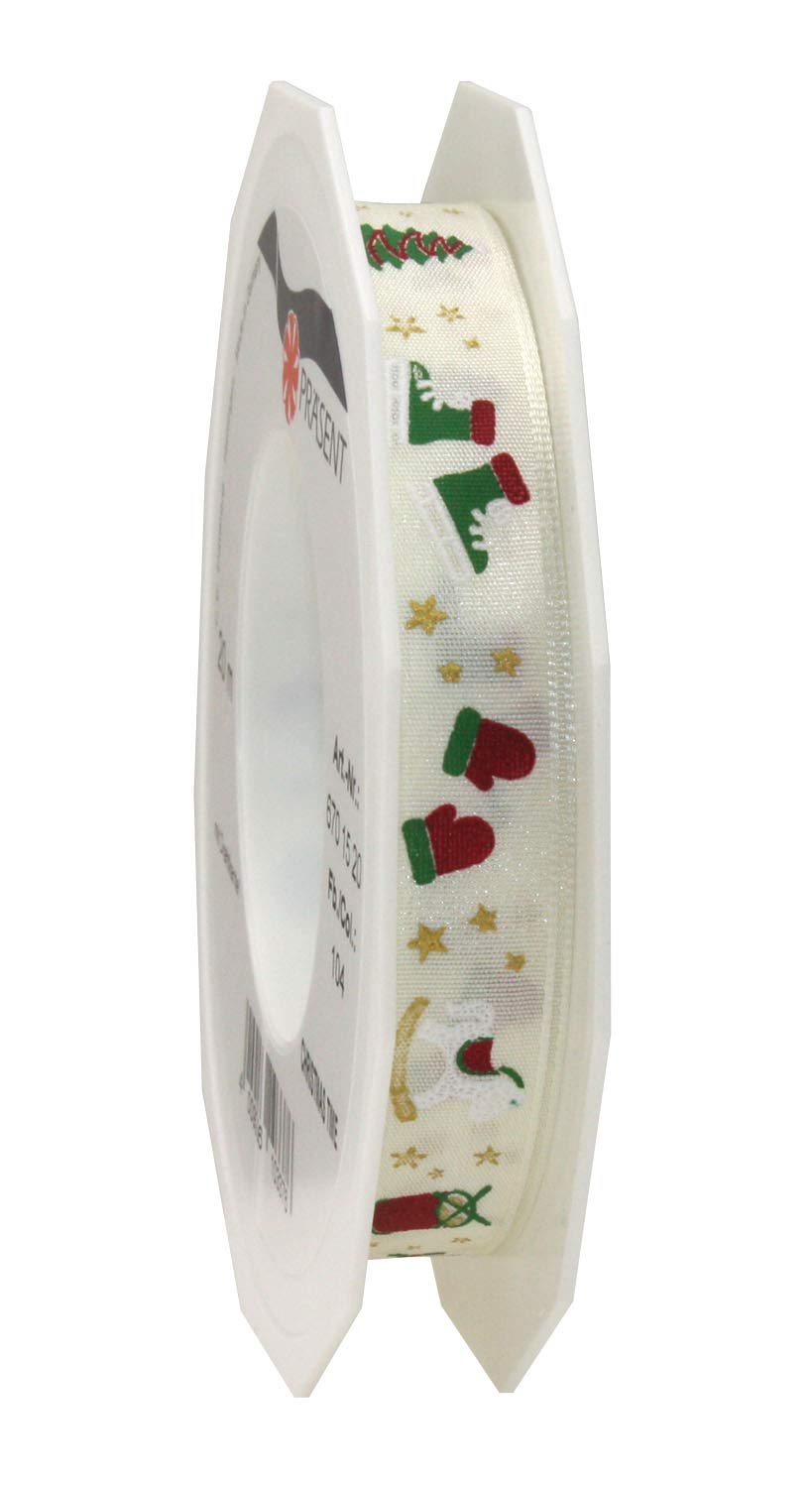 Präsent - Christmas Time Printed Ribbon Cream 15 mm Width, 20 m Length