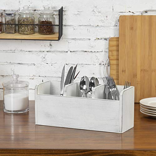 MyGift Vintage White Wood Kitchen Utensil Holder for Countertop with 3