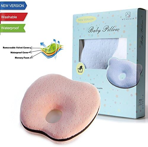 Wendsim Flat Head Baby Pillow Memory Foam Newborn Baby Pillow for Avoid Flat Head(Removable & Waterproof Cover) (A-Pink)