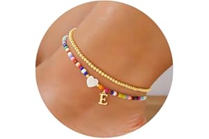 Yoosteel Gold Beaded Heart Initial Ankle Bracelets for Women - 14K Gold Plated Layered Letter Anklets Personalized Jewelry Gifts