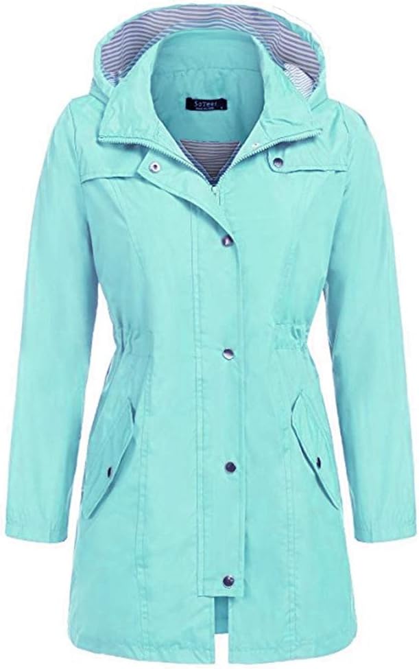 Huateng Women's Raincoat Outdoor Hooded Jacket Waterproof Windproof Jacket Zipper Casual Jacket Mountaineering Jacket