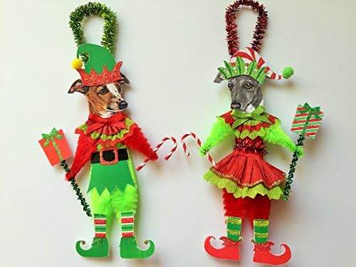 Italian Greyhound CHRISTMAS ELF ORNAMENTS Vintage Style Chenille Ornaments Set of 2