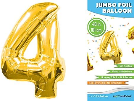 Rainbowloons Jumbo Mylar Foil Balloon, 40-Inch, Glossy Gold, Number 4