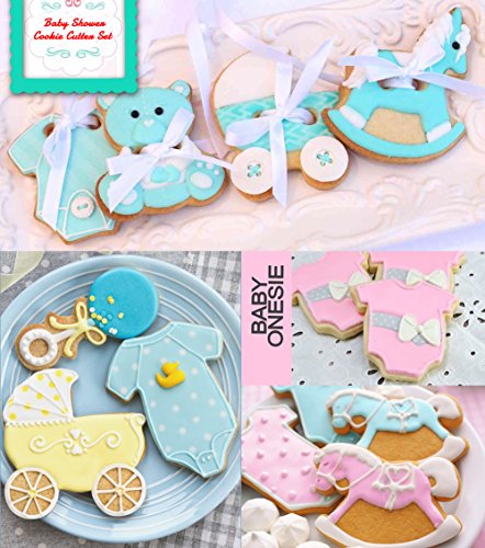 Hibery 5 Pack Stainless Steel Baby Shower Cookie Cutters - Onesie, Bib, wooden horse, Bottle, Baby Foot Cookie Cutter