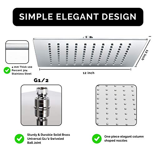 PurrfectZone Rain Shower Head | Rainfall Shower Head – 12 inch Luxury Design Made of 4 mm Solid 304 Stainless Steel with Elegant Column Shaped Nozzles in Chrome | Rain Shower | Waterfall Showerhead