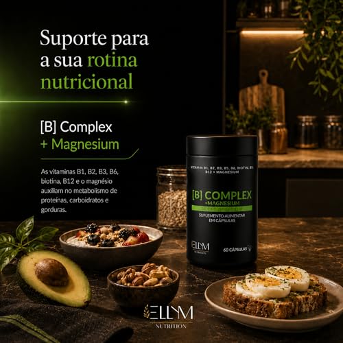 Vitaminas Complexo B e Magnésio 60 Capsulas Ellym Nutrition 2 Meses Biotina Metilfolato Metilcobalamina B1 B2 B3 B4 B5 B6