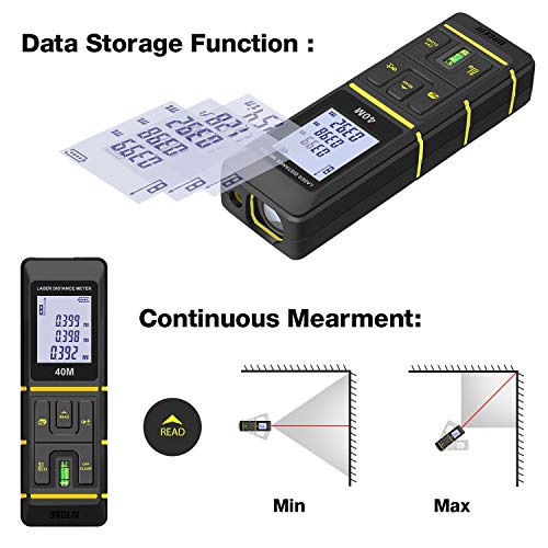 URCERI Laser Measure 131Ft Laser Measuring Device with Laser Tape Measure Bubble Levels,Backlit LCD, Pythagorean Mode, Measure Distance, Area and Volume - ±2mm Accuracy, Battery Included