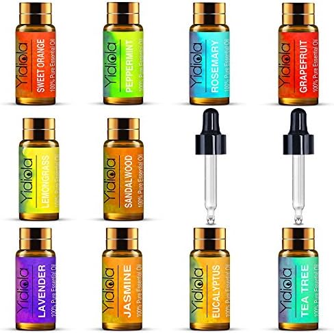 YIDIOLA Top 10 Essential Oils Set, 100% Pure Lavender,Peppermint,Eucalyptus,Tea Tree,Rosemary,Lemongrass,Sweet Orange,Sandalwood,Jasmine,Grapefruit Oils, w/2 Glass Droppers