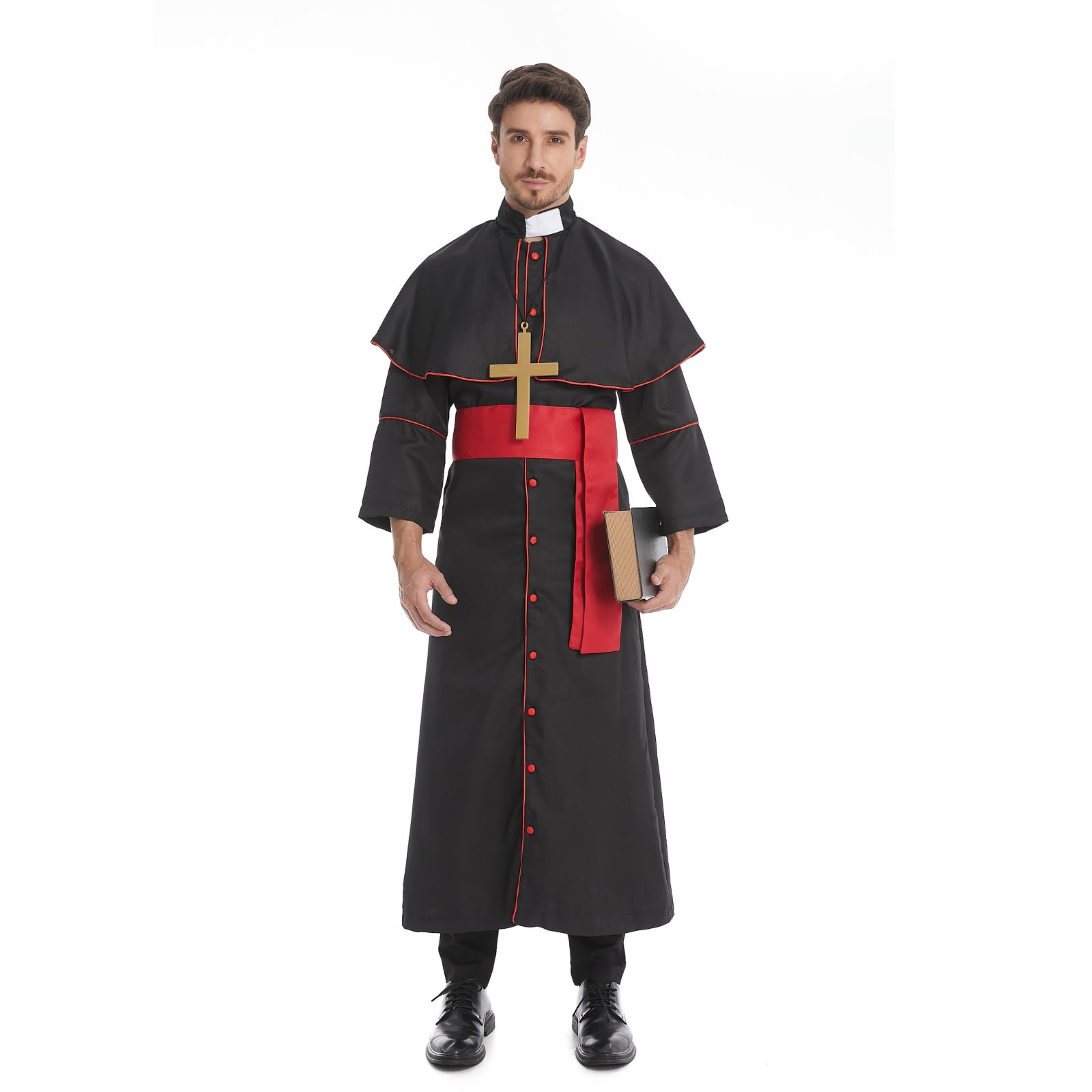 maxToonrain Priest Costume Xl,Mens Priest Fancy Dress Classical Catholic Black Monk Robe with Shawl+Gold Cross Halloween Vicar Costumes for Men(Black Red,M) — image 1