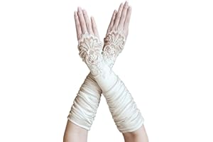 ZaZa Bridal Gathered Satin Fingerless Gloves w/Floral Embroidery Lace & Sequins