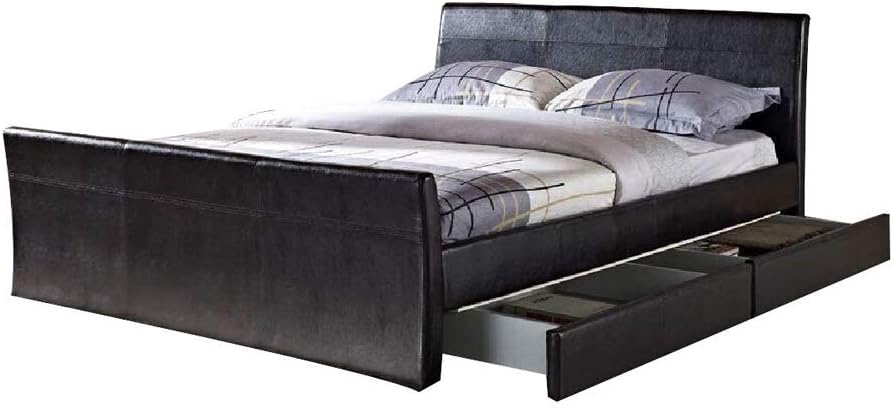 OWO Living Storage Bed Frame Drawers Faux Leather Bedroom Furniture Brown Black White in 4ft6 Double and 5ft Kingsize