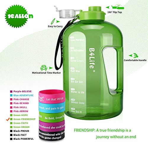 B4Life 1 Gallon Water Bottle with Time Marker, Motivational Wristband, Fitness Workout, Drink More Water Daily, Extra Large BPA-Free Water Bottle Leakproof with Flip Top-Friendship