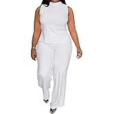 MRSFITOK 2 Piece Wide Leg Pants Set for Women Summer Casual Plus Size Sleeveless Shirt Long Pant Sets Sexy