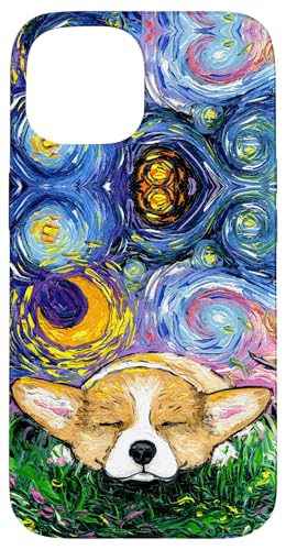 Colorful Sleeping Corgi Puppy Starry Night Dog Art by Aja Case for iPhone 15
