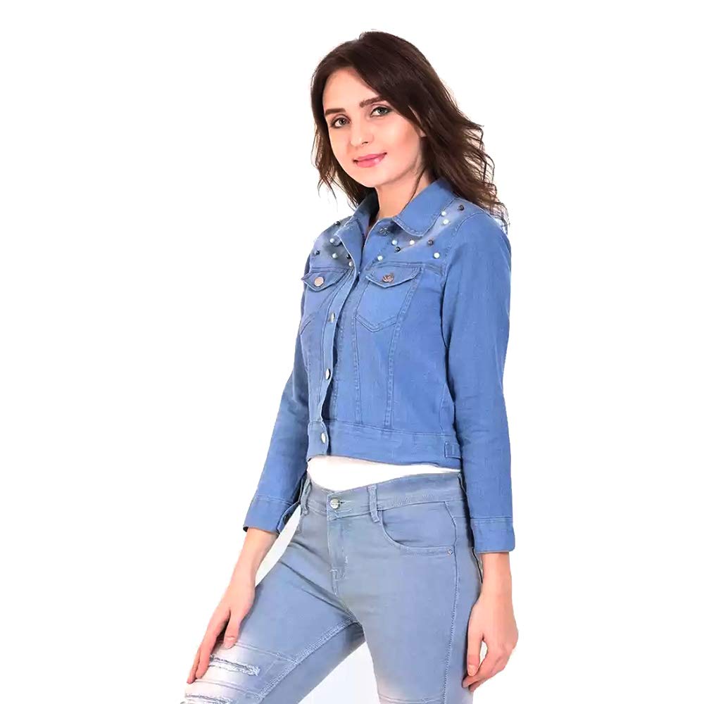 montrez women's stone wash denim jacket crafted with pearls