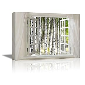 Canvas Prints Wall Art - Glimpse into Birch Trees Forest Out of Open Window | Modern Wall Decor/Home Decoration Stretched Gallery Canvas Wrap Giclee Print & Ready to Hang - 24" x 36"