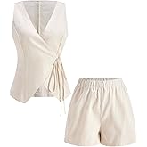 winkbay Women's 2 Piece Casual Summer Outfits Wrap V Neck Vest and Shorts Work Office Set