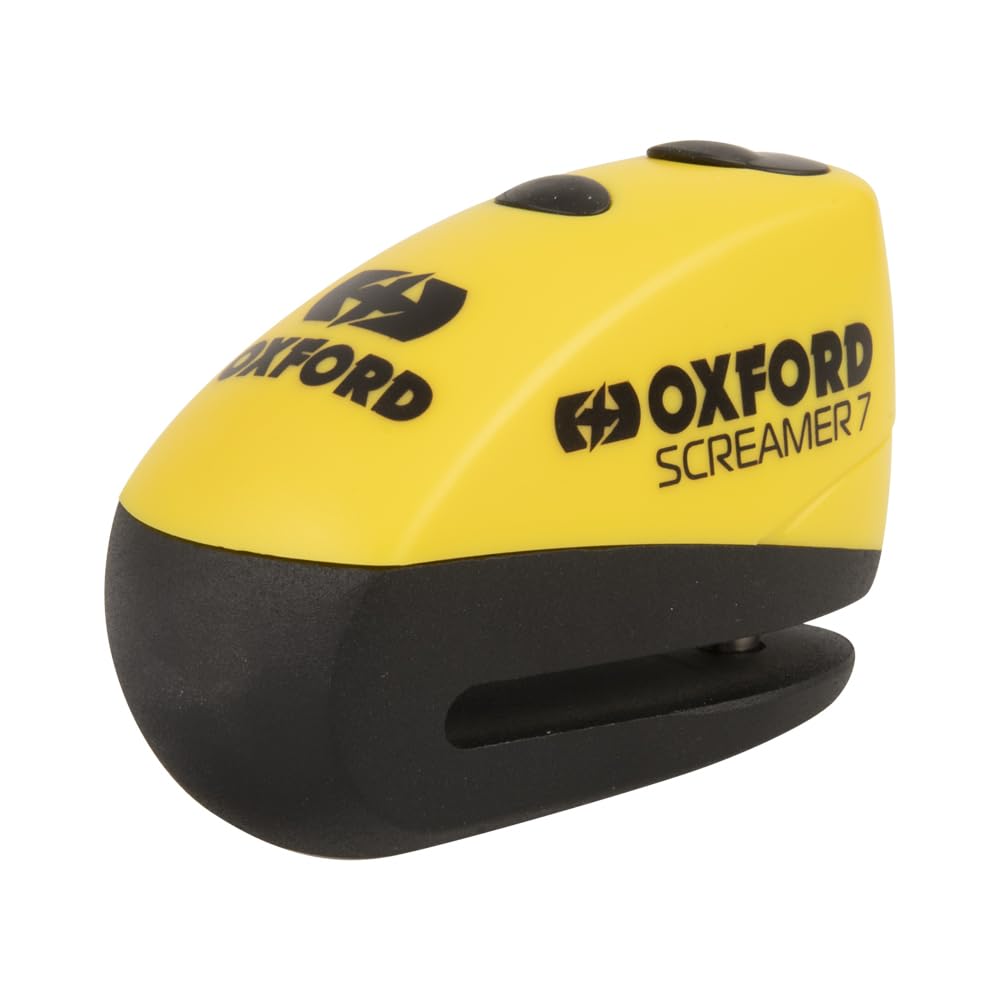 Oxford Screamer7 Alarm Disc Lock LK290 | Motorcycle High Security 100dB Alarmed Disclock for Motorbike Moped Motocross Bike, Yellow/Black