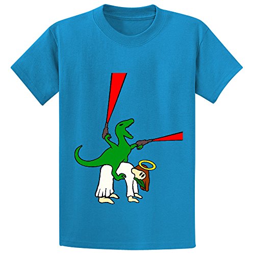 Chas Dinosaur Riding Jesus Youth Crew Neck Graphic T-shirt Blue