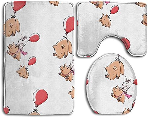 YSSH HOME Pigs Ballon Flying Prints Non-Slip Bathroom Rugs 3 Piece Set Anti-skid Pads Bath Mat + Toilet Lid Cover + Contour