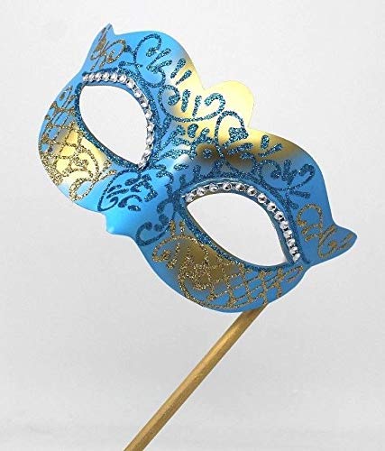 LADIES TURQUOISE & GOLD CRYSTAL JEWELLED EYES VENETIAN MASQUERADE CARNIVAL PARTY EYE BALL MASK ON A STICK