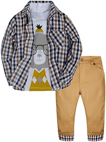 Catawe Baby Boy Suit, Boy's 3Pcs Pure Cotton Long Sleeve Outfit Bodysuit Set, Cartoon Tops + Plaid Shirt + Solid Pants