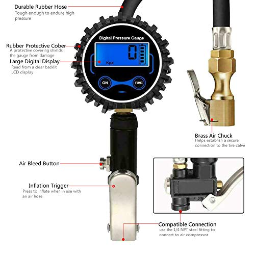 JYSW Digital Tire Inflator with Pressure Gauge, 200PSI Heavy Duty Air Chuck and Compressor Accessories with Rubber Hose and Quick Connect Plug for Auto, Truck, Bike, Motorcycle, Backlit 0.1 Accuracy