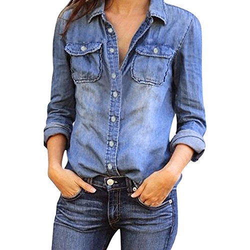 Denim Blouse, Women Fashion Casual Blue Jacket Long Sleeve Shirt Tops (Blue, M(US size 8-10))