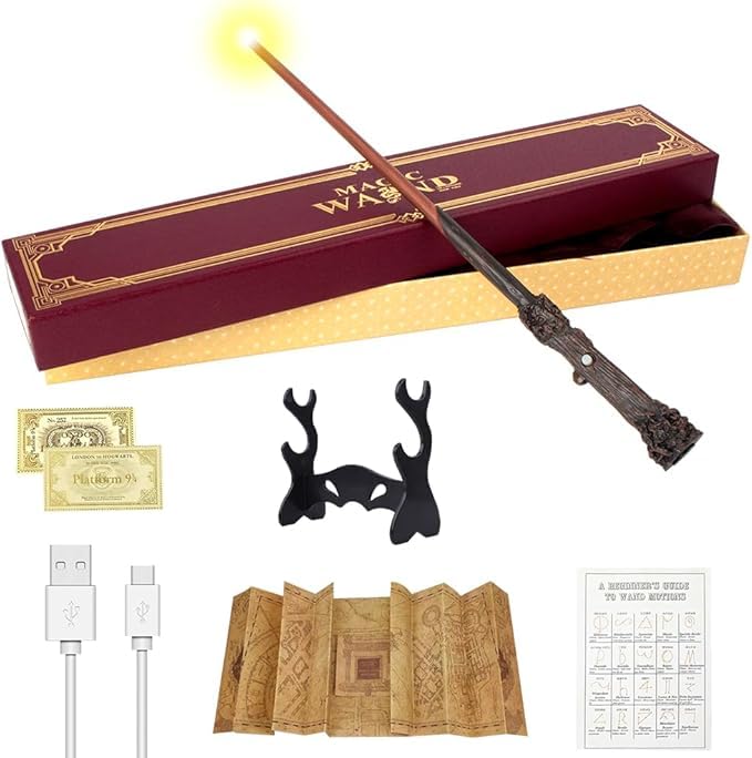 CJBIN Harry Wand mit Lights, 38CM Harry Light Up Wand, USB Charging Glow Wands harry, Magic harry Wands in Gift Box with Card, Station Ticket, Map, and Holder