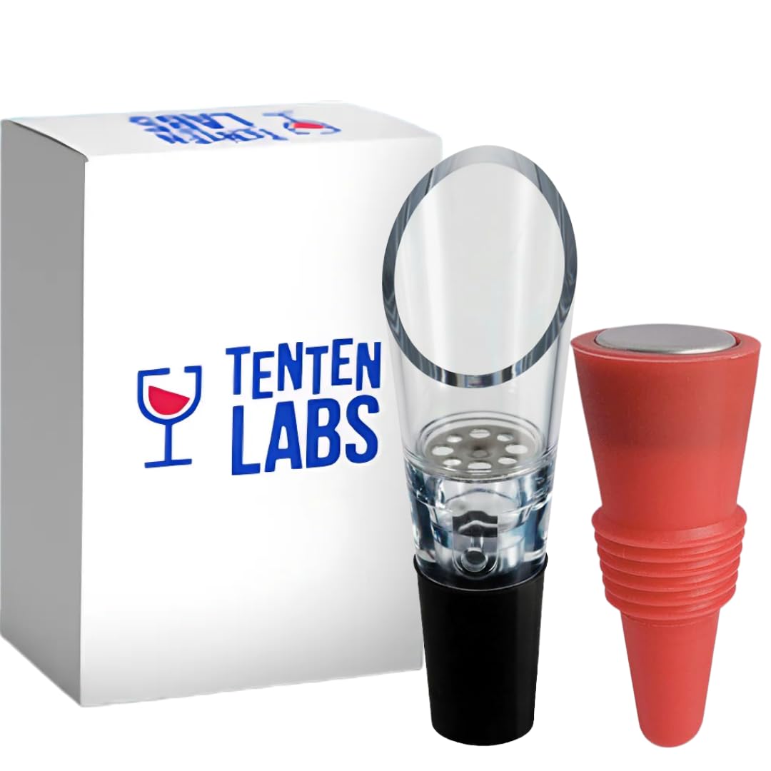 Red Wine Aerator Pourer and Wine Stopper (2-Pack) by TenTen Labs - Premium Wine Decanter Set with Bottle Stopper and Re-Corker - Gift Box Included (Red)